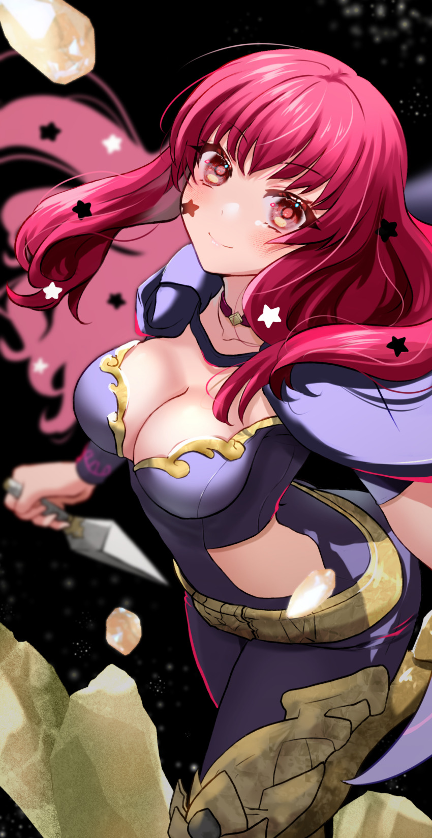 1girl absurdres belt black_bodysuit black_cape blush bodysuit breasts cape cleavage closed_mouth clothing_cutout collarbone commentary_request fire_emblem fire_emblem_engage hair_ornament highres holding holding_weapon kunai large_breasts long_hair looking_at_viewer mu_tu_bu nintendo red_eyes red_hair smile solo star_(symbol) star_hair_ornament weapon yellow_belt yunaka_(fire_emblem)