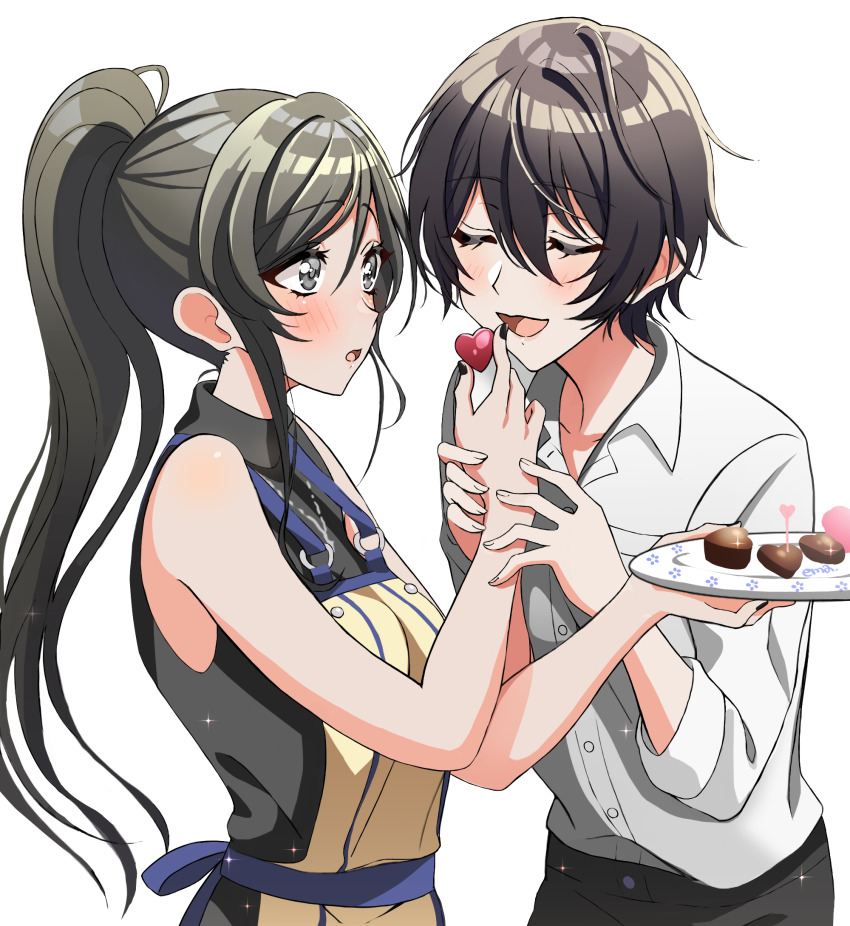 2girls aoyagi_tsubaki bakkanda bare_arms bare_shoulders black_hair blush chocolate cleavage_cutout closed_mouth clothing_cutout d4dj eating eyebrows_hidden_by_hair food hair_between_eyes highres holding holding_chocolate holding_food holding_plate long_hair looking_at_another miyake_aoi multiple_girls open_mouth plate ponytail shirt short_hair simple_background smile upper_body white_background yuri