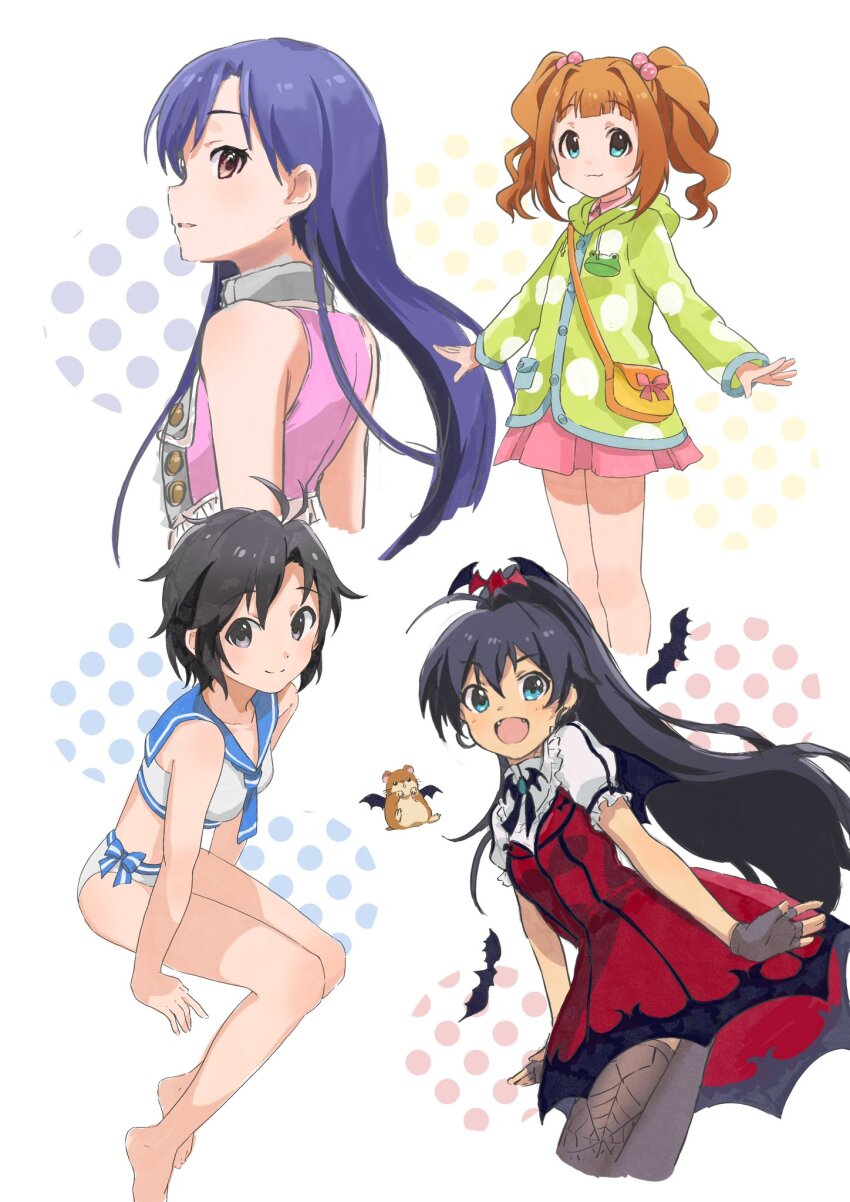 4girls :d a-pose ahoge aqua_eyes arms_at_sides bag bare_arms bare_legs bare_shoulders barefoot bat_(animal) bat_hair_ornament bikini black_eyes black_hair blue_eyes blue_hair blue_sailor_collar bow bow_bikini breasts brown_eyes dot_nose dress earrings fangs fingerless_gloves frilled_dress frilled_sleeves frills from_side ganaha_hibiki gloves green_jacket grey_gloves grey_thighhighs hair_bobbles hair_ornament hands_on_ground highres hood hooded_jacket hoop_earrings idol_clothes idolmaster idolmaster_(classic) jacket jewelry kikuchi_makoto kisaragi_chihaya leaning_forward legs_together light_smile long_hair looking_at_viewer looking_to_the_side medium_breasts medium_dress medium_hair moko39_takasora multiple_girls my_dear_vampire official_alternate_costume open_mouth orange_hair parted_lips pink_diamond_765 pink_dress pink_shirt ponytail red_dress sailor_collar sailor_swimsuit_(idolmaster) shirt short_dress short_sleeves shoulder_bag sideways_mouth sitting sleeveless sleeveless_shirt smile standing standing_on_one_leg straight_hair swimsuit takatsuki_yayoi thighhighs v-shaped_eyebrows white_background white_bikini yellow_bag zettai_ryouiki