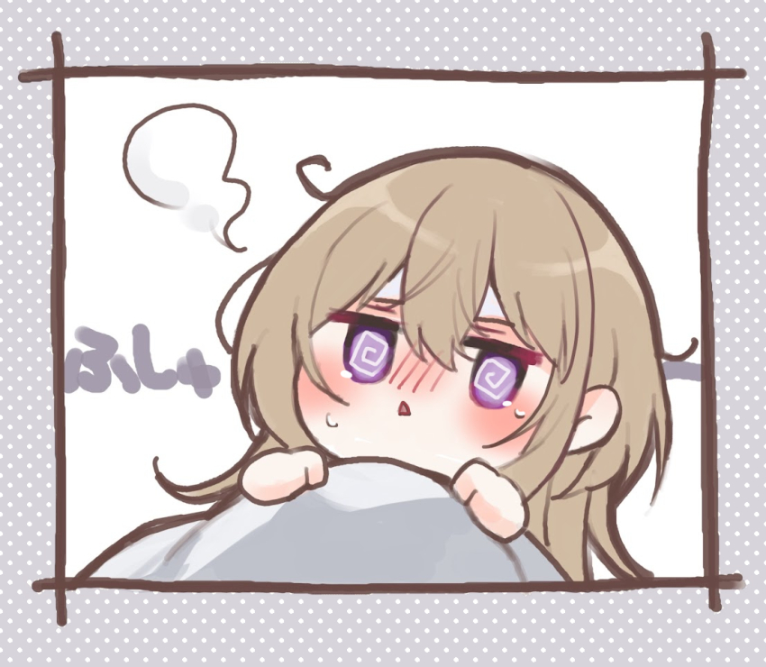 1girl :&lt; @_@ blanket blush brown_hair chibi commentary_request ebihara_beniko grey_background hair_between_eyes hands_up original parted_lips polka_dot polka_dot_background purple_eyes solo steam sweat translation_request under_covers