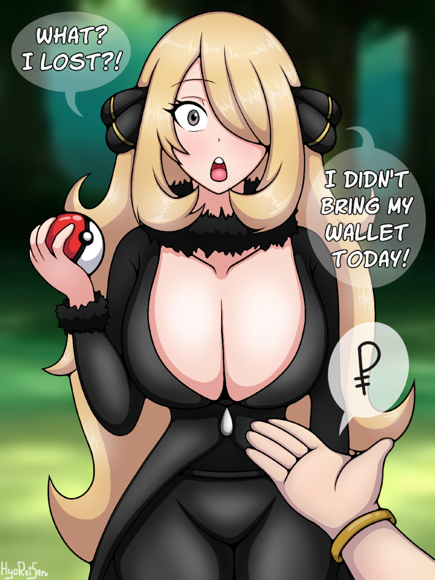 blonde_hair breasts cleavage creatures_(company) cynthia_(pokemon) english_text game_freak grey_eyes highres huge_breasts hyoreisan long_hair lucas_(pokemon) nintendo one_eye_covered poke_ball pokemon pokemon_dppt signature