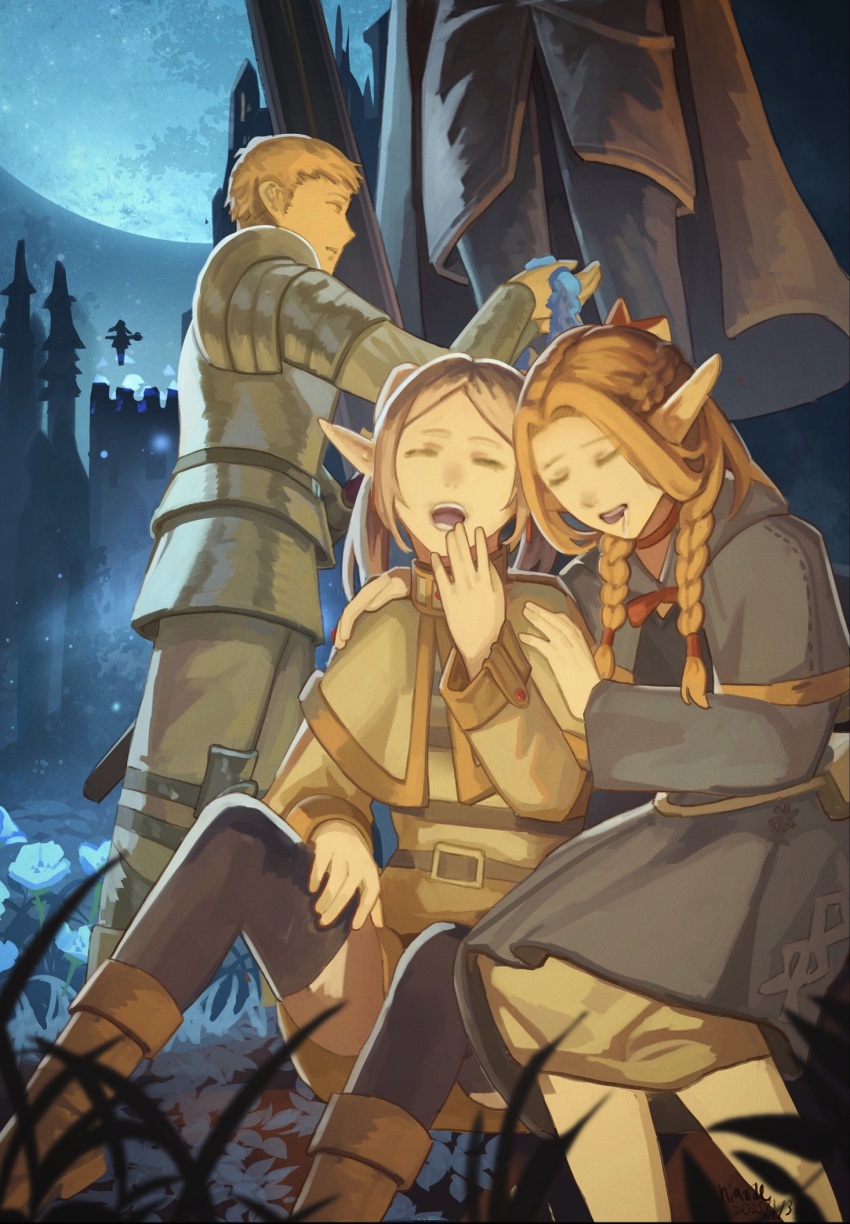 1boy 2girls arm_around_shoulder armor belt blonde_hair blue_capelet blue_robe blush braid capelet choker closed_eyes commentary crossover dated dungeon_meshi earrings elf fantasy field flower flower_field frieren full_moon hair_around_ear highres hood hooded_capelet jewelry laios_touden laughing long_hair long_sleeves marcille_donato moon multiple_braids multiple_girls niao_de night night_sky open_mouth outdoors parted_bangs pointy_ears robe shirt short_hair signature sitting sky smile sousou_no_frieren standing statue striped_clothes striped_shirt twintails very_short_hair white_capelet white_flower witch yellow_eyes