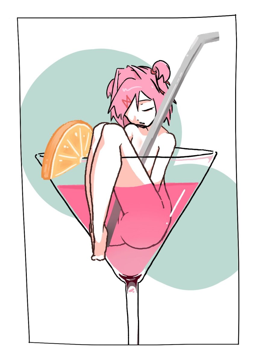 1girl ass black_border bob_cut border breasts circle cleft_of_venus closed_eyes cocktail cocktail_glass commentary completely_nude cup doki_doki_literature_club drinking_glass drinking_straw english_commentary exspiravitbag fang food fruit green_background hair_between_eyes hair_intakes hair_ornament hair_ribbon highres in_food knees_up natsuki_(doki_doki_literature_club) nude orange_(fruit) orange_slice parted_lips pink_hair pussy red_ribbon ribbon short_hair skin_fang small_breasts solo swept_bangs two_side_up white_background white_border x_hair_ornament