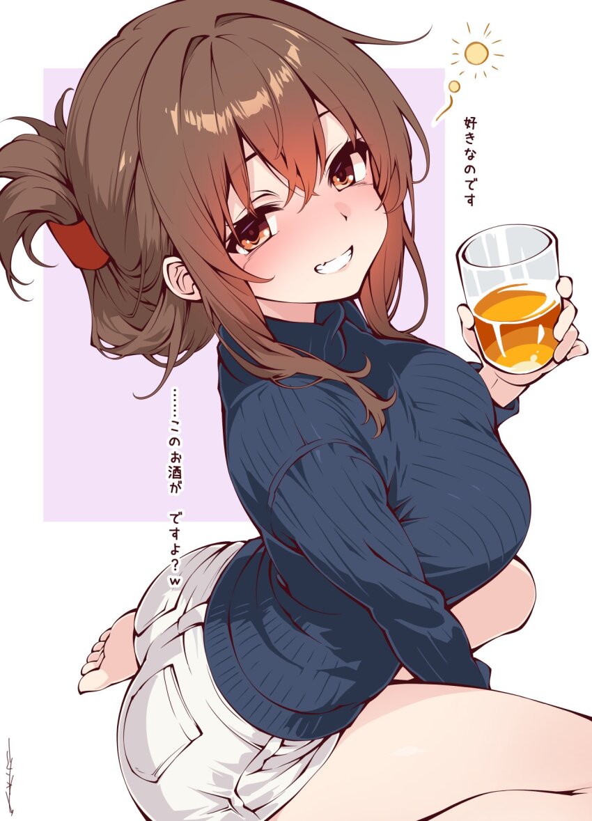 1girl aged_up barefoot black_sweater brown_eyes brown_hair commentary_request cup drinking_glass drunk folded_ponytail highres inazuma_(kancolle) kantai_collection long_hair looking_at_viewer ribbed_sweater sakakiba_misogi shorts sitting solo sweater translation_request turtleneck turtleneck_sweater wariza white_shorts