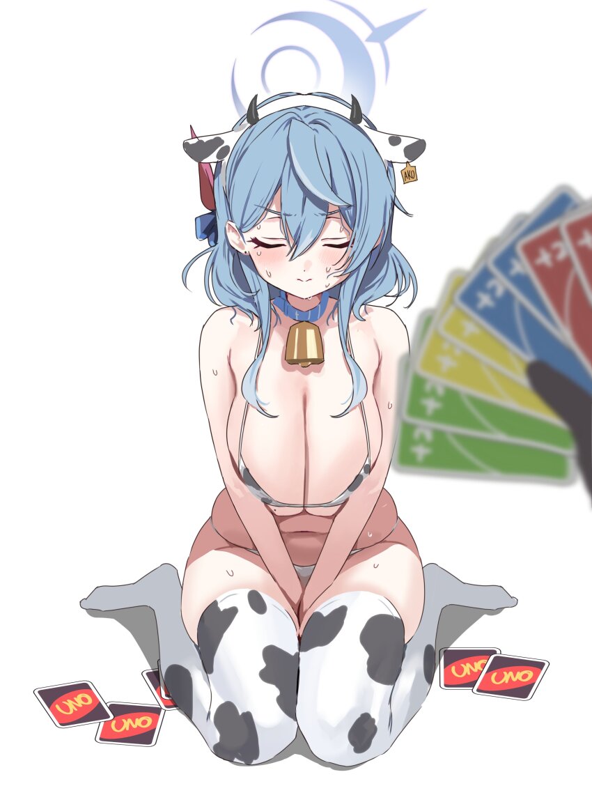 1girl 1other absurdres ako_(blue_archive) alternate_costume animal_ears animal_print bare_shoulders bell bikini blue_archive blue_hair blue_halo breasts card closed_eyes commentary_request cow_ears cow_print cow_print_bikini cow_print_thighhighs cowbell fake_animal_ears halo highres holding holding_card large_breasts medium_hair navel nikuya_(nikuniku_nikuya) parted_lips playing_card print_bikini print_thighhighs sitting stomach sweat swimsuit thighhighs thighs uno_(game) wariza white_background