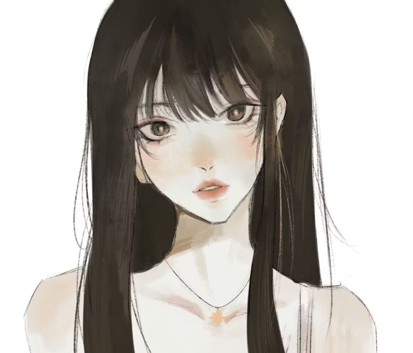 1girl black_eyes black_hair blush bohe_bozi_tang chinese_commentary hair_behind_ear head_tilt highres hyein_(newjeans) k-pop looking_at_viewer newjeans parted_lips real_life red_lips solo tank_top white_background white_tank_top