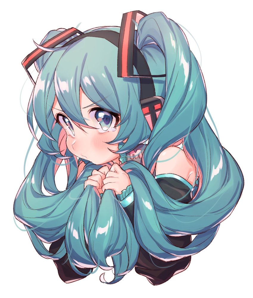 1girl aqua_hair bare_shoulders blue_eyes blush commentary_request cropped_torso detached_sleeves hair_between_eyes hatsune_miku headphones highres holding holding_own_hair long_hair long_sleeves looking_at_viewer masanaga_(tsukasa) simple_background solo tears twintails upper_body vocaloid white_background