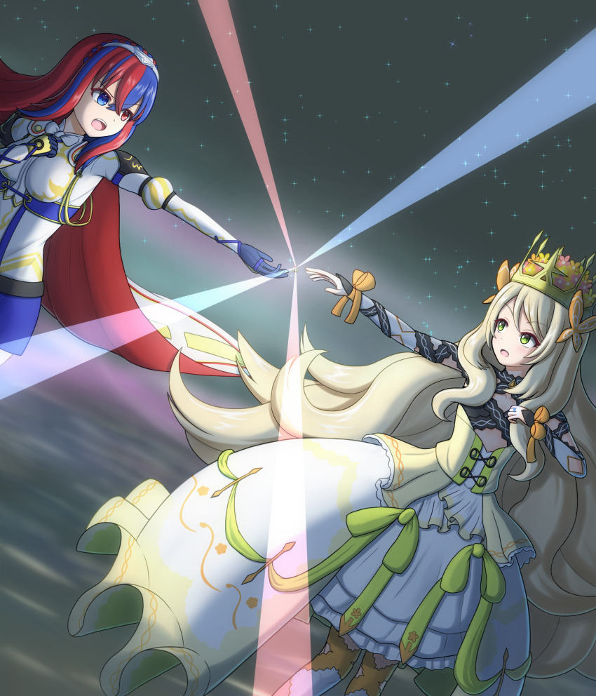 1girl absurdres alear_(female)_(fire_emblem) alear_(fire_emblem) anniversary blonde_hair blue_eyes blue_hair bow butterfly_hair_ornament celine_(fire_emblem) cross-laced_clothes cross-laced_dress crossed_bangs crown dated dress dress_bow fire_emblem fire_emblem_engage green_eyes hair_ornament heterochromia highres multicolored_hair nintendo offencearmor-0131 open_mouth orange_bow orange_gemstone orange_wristband princess red_eyes red_hair split-color_hair textless_version two-tone_hair variant_set wrist_bow yellow_dress