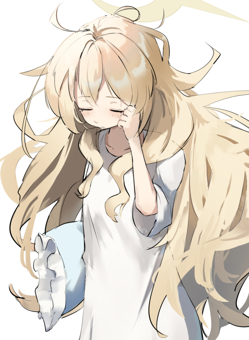 1girl blonde_hair blue_archive closed_eyes commentary_request dress gown halo highres holding holding_pillow long_hair messy_hair morishin546 pillow professor_niyaniya_(blue_archive) short_sleeves simple_background solo tears very_long_hair white_background white_dress yellow_halo