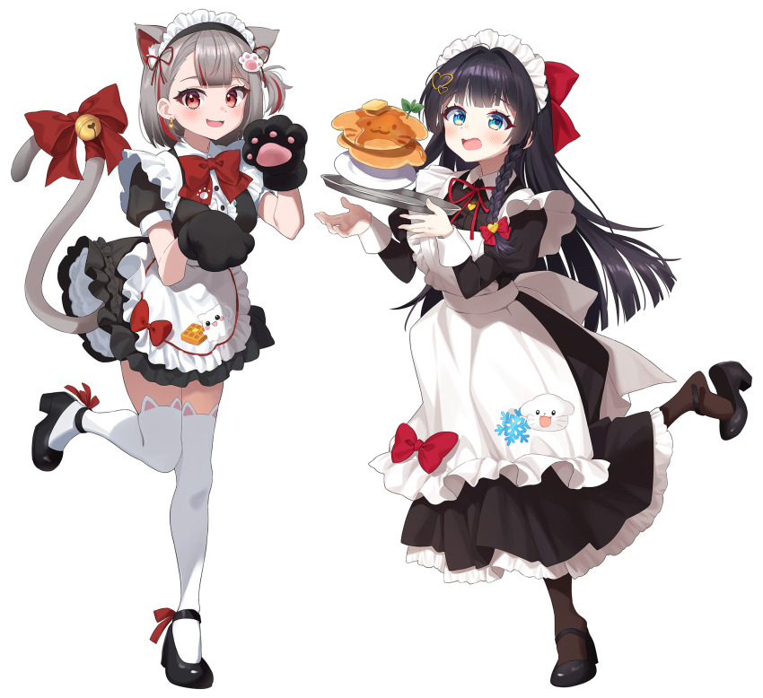 2girls :d animal_ear_fluff animal_ear_legwear animal_ears animal_hands apron black_dress black_footwear black_hair blue_eyes blush bow braid breasts broken brown_pantyhose cat_ear_legwear cat_ears cat_girl cat_tail chobi_(penguin_paradise) collared_dress commentary dress extra_ears fang food frilled_apron frilled_dress frills full_body gloves grey_hair hair_bow hair_ornament heart heart_hair_ornament high_heels highres juliet_sleeves large_breasts long_hair long_sleeves maid maid_apron maid_headdress multicolored_hair multiple_girls neneko_mashiro one_eye_closed one_side_up open_mouth pancake pancake_stack pantyhose paw_gloves plate puffy_sleeves red_bow red_hair shirayuki_hina shoes short_hair simple_background smile solo standing standing_on_one_leg stellive streaked_hair symbol-only_commentary tail thighhighs tray two-tone_hair very_long_hair virtual_youtuber white_apron white_background white_thighhighs