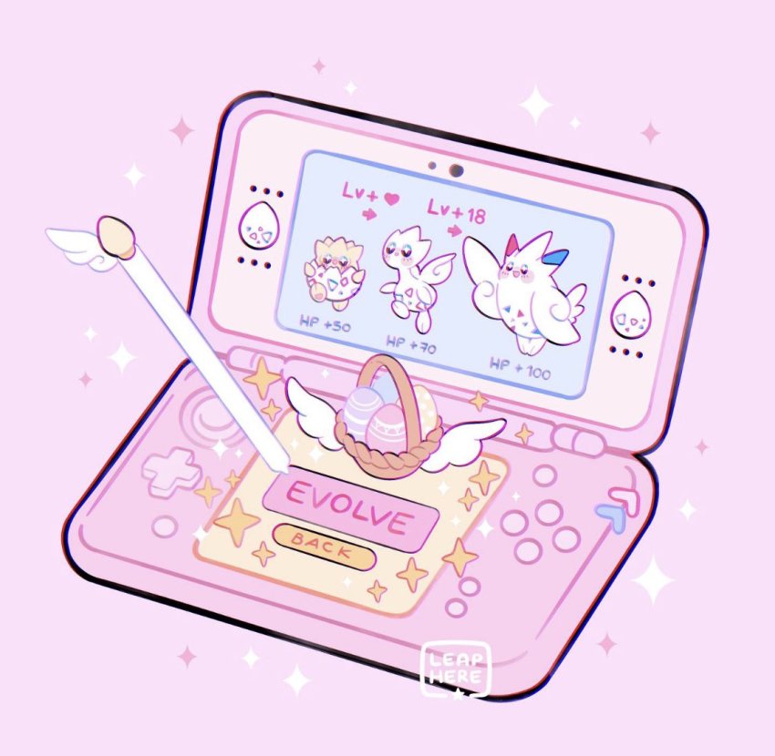 arrow_(symbol) artist_name bad_id bad_twitter_id basket buttons commentary creatures_(company) egg game_freak gen_2_pokemon gen_4_pokemon leaphere new_nintendo_3ds nintendo no_humans pink_background pokemon pokemon_(creature) signature simple_background sparkle stylus togekiss togepi togetic