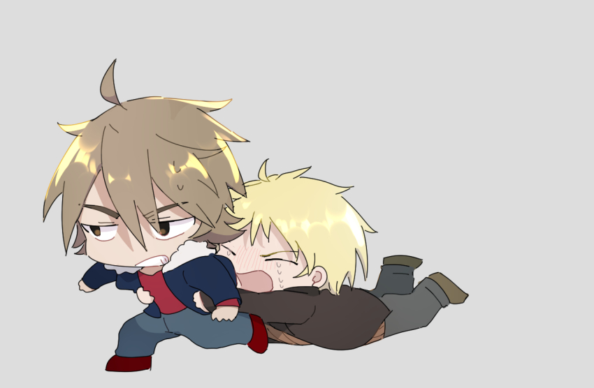 2boys ahoge arudente_(einisikawaiiyo) atou_haruki black_jacket black_pants blonde_hair blue_jacket blue_pants blush brown_eyes brown_footwear brown_hair brown_sweater chibi chibi_only clenched_teeth clinging closed_eyes commentary_request crying fur-trimmed_jacket fur_trim grey_background hair_between_eyes isoi_reiji jacket long_sleeves male_focus multiple_boys nose_blush open_clothes open_jacket open_mouth pants red_footwear red_shirt ribbed_sweater saibou_shinkyoku sanpaku shirt short_hair simple_background sweat sweater teeth