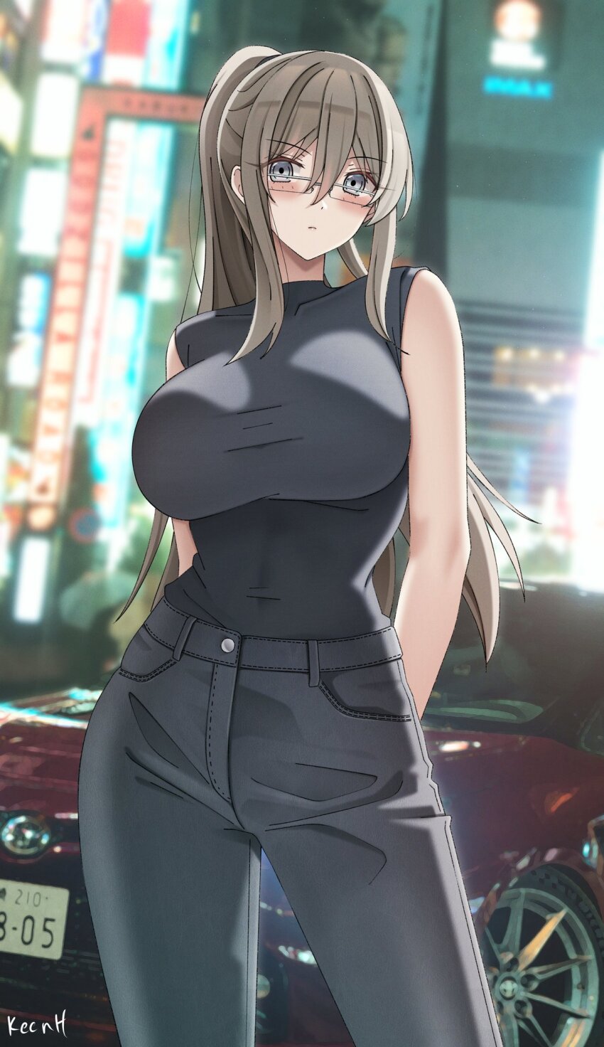 1girl arms_behind_back artist_name black_pants black_shirt blonde_hair blue_eyes blush borrowed_character breasts car city_lights cityscape closed_mouth commentary covered_navel hair_between_eyes highres keenh large_breasts leather leather_pants long_hair looking_at_viewer motor_vehicle original pants ponytail red_car shirt sidelocks sleeveless sleeveless_shirt solo standing toyoda_rio_(rc_f) toyota_gr_corolla