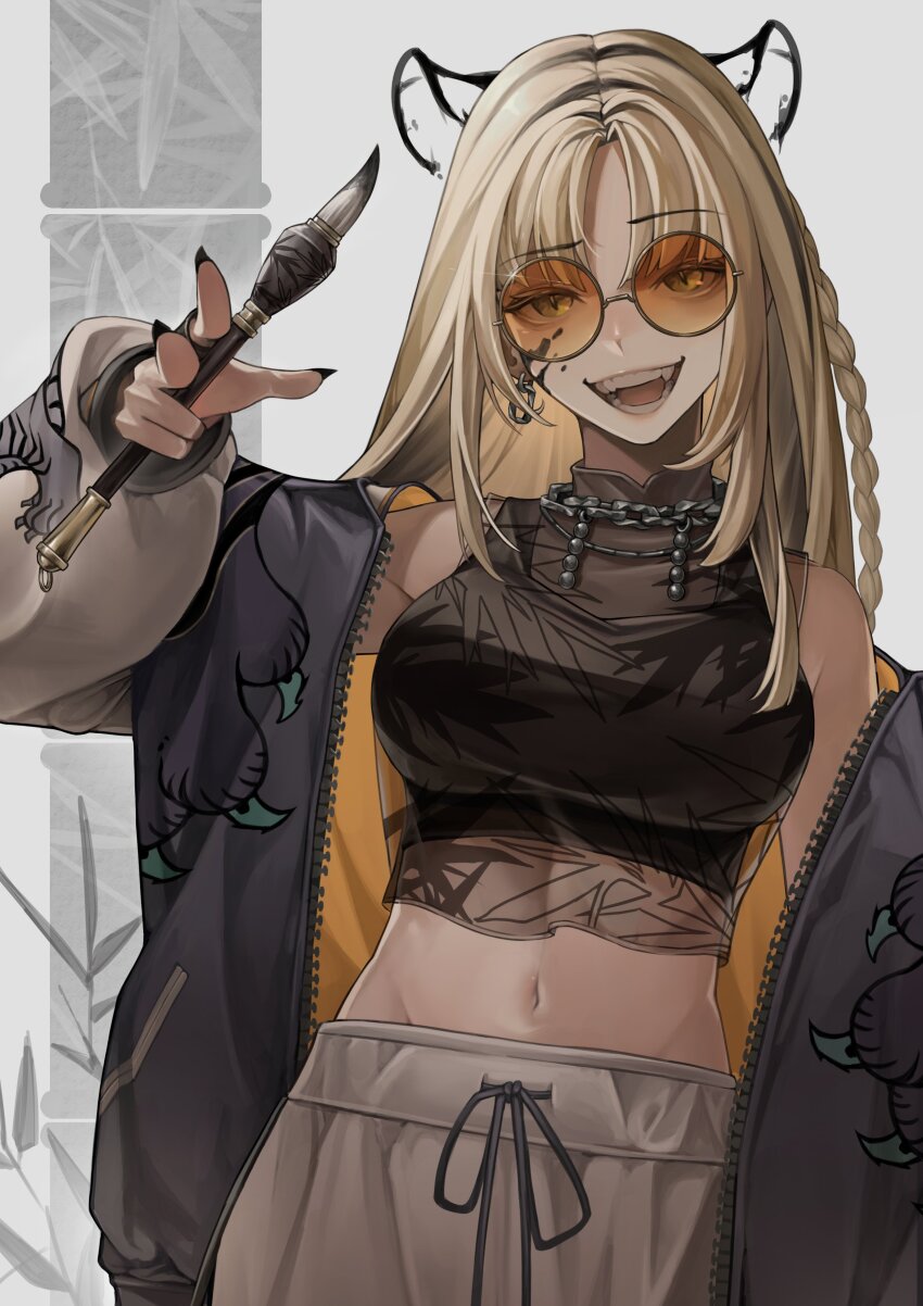 1girl absurdres animal_print bare_shoulders black_nails black_tank_top blonde_hair blunt_ends braid breasts calligraphy_brush chain chain_necklace cowboy_shot crop_top curtained_hair drawstring earrings evil_smile fangs highres hololive hololive_dev_is igonnaswing ink_on_face jacket jewelry koganei_niko long_hair long_sleeves midriff multicolored_hair navel necklace open_clothes open_jacket orange-tinted_eyewear paintbrush pants parted_bangs ring round_eyewear see-through_clothes side_braid simple_background slit_pupils smile solo streaked_hair sukajan sweatpants tank_top tiger_print tinted_eyewear turtleneck two-sided_fabric two-sided_jacket two-tone_hair virtual_youtuber