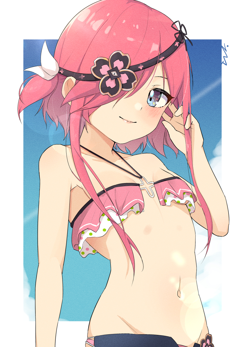 absurdres bikini blue_eyes blush eyepatch flat_chest highres kazakiri_(senran_kagura) looking_at_viewer navel pink_hair senran_kagura swimsuit twintails