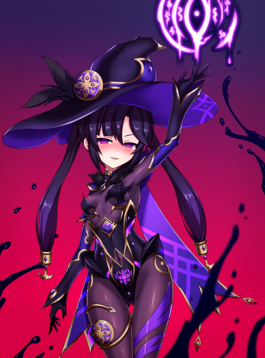 1girl absurdres blush bodysuit breasts cape corruption dark_persona entenca fatui genshin_impact gloves hair_ornament hat highres jewelry long_hair looking_at_viewer medium_breasts mona_(genshin_impact) purple_eyes purple_hair shiny_clothes smile solo thighlet twintails very_long_hair yandere_trance