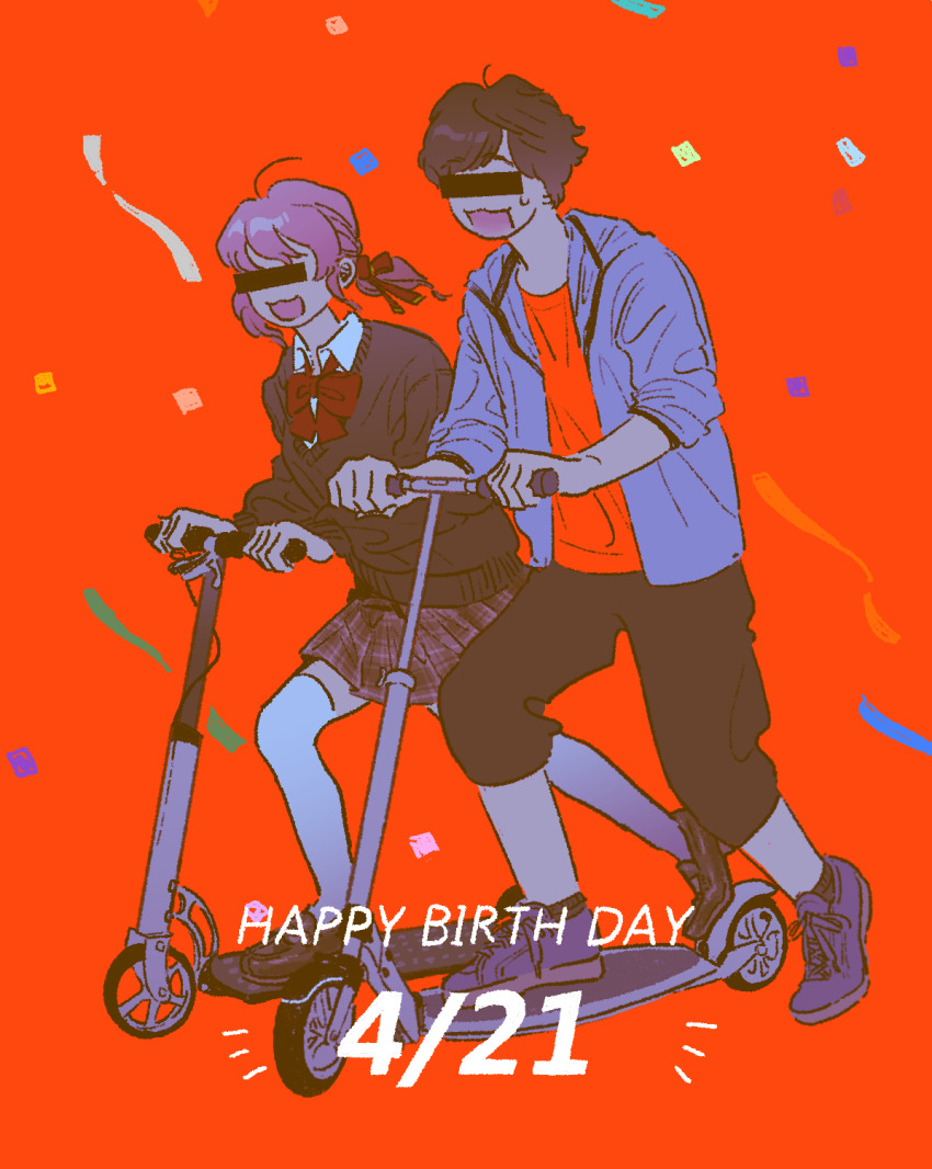 1boy 1girl black_jacket black_pants bow censored character_request confetti full_body grey_jacket hair_ribbon happy_birthday highres censored_identity jacket kick_scooter long_sleeves meguru_desu motor_vehicle open_mouth orange_background orange_shirt pants plaid_clothes plaid_skirt ponytail red_bow ribbon riding saturated scooter shirt short_hair skirt super_sentai