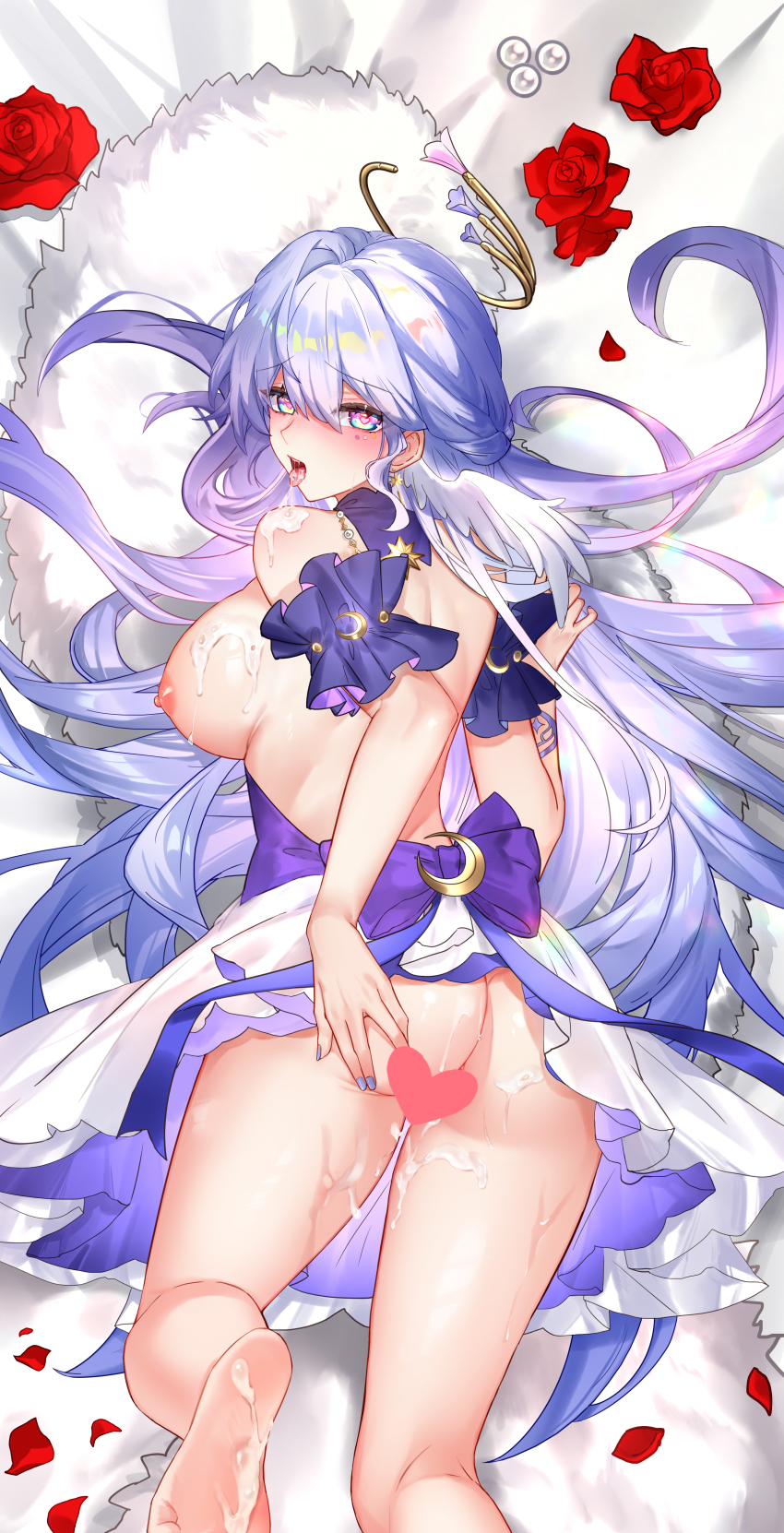 1girl absurdres after_fellatio after_vaginal aftersex aqua_eyes ass back back_bow bare_back bare_shoulders barefoot blue_hair blush bow breasts censored choker crescent crescent_ornament cum cum_in_mouth cum_in_pussy cum_on_body cum_on_breasts cum_on_upper_body dakimakura_(medium) detached_sleeves dress earrings feathered_wings fingernails flower from_behind hair_between_eyes halo head_wings heart heart-shaped_pupils heart_censor highres honkai:_star_rail honkai_(series) jewel_under_eye jewelry large_breasts liuniang long_hair looking_at_viewer looking_back looking_up lying nipples on_stomach open_mouth petals purple_bow purple_choker purple_dress purple_nails red_flower red_rose robin_(honkai:_star_rail) rose short_sleeves single_earring sleeveless sleeveless_dress solo star_(symbol) star_earrings star_ornament symbol-shaped_pupils tongue tongue_out two-tone_dress white_dress wings