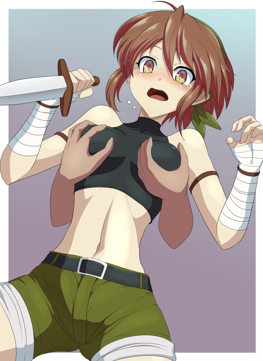 1boy 1girl absurdres bandaged_wrist bandages bandit_(tales_of_destiny_2) belt black_belt black_sports_bra blush border breasts brown_hair clam_curry commentary_request cowboy_shot dagger grabbing_from_behind green_hairband green_shorts groping hairband hetero highres holding holding_dagger holding_knife holding_weapon knife looking_down medium_breasts midriff navel open_mouth paid_reward_available reverse_grip short_hair shorts solo_focus sports_bra tales_of_(series) tales_of_destiny tales_of_destiny_2 tearing_up teeth upper_teeth_only weapon white_border