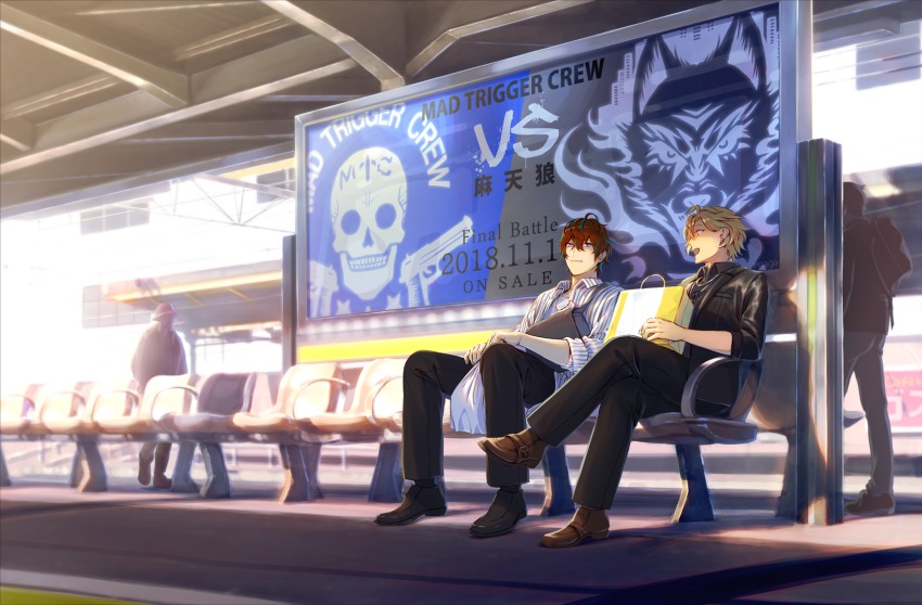 2boys bag formal_clothes highres hypnosis_mic izanami_hifumi kannonzaka_doppo crossed_legs multiple_boys shopping_bag sitting suit train_station