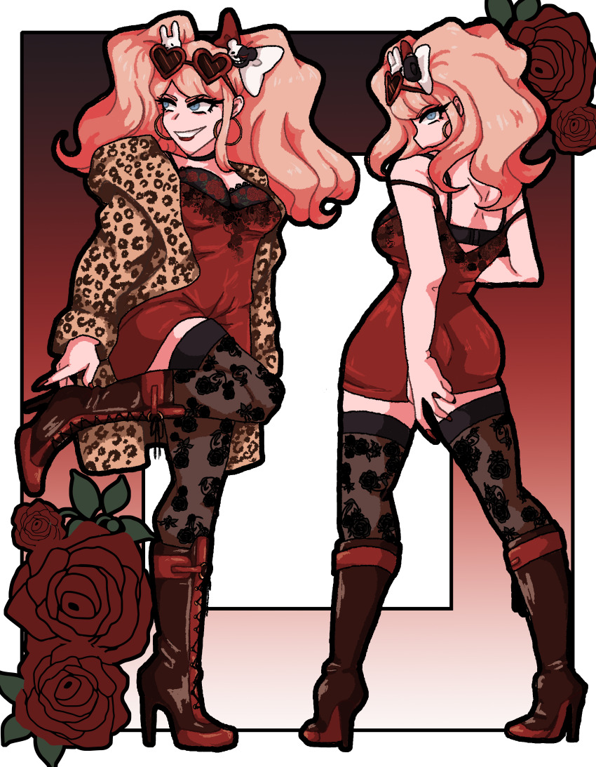 absurdres alternate_costume animal_print ass bare_shoulders bear_hair_ornament black_footwear black_thighhighs blonde_hair blue_eyes boots bow breasts cleavage danganronpa:_trigger_happy_havoc danganronpa_(series) dress enoshima_junko flower from_behind hair_ornament high_heels highres jacket large_breasts leopard_print long_hair multiple_views nail_polish princescar rabbit_hair_ornament red_bow red_dress red_nails rose smile thighhighs twintails