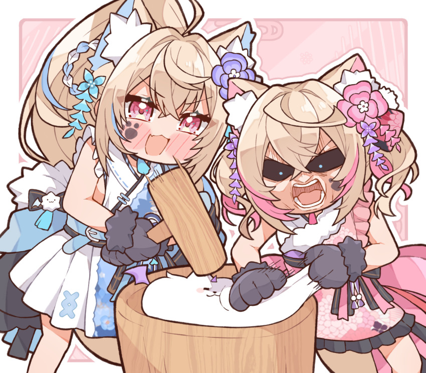 2girls ahoge animal_ear_fluff animal_ears animal_hands blonde_hair blue_eyes blue_hair blue_kimono dog_ears dog_girl dog_paws floral_print floral_print_kimono flower fuwawa_abyssgard fuwawa_abyssgard_(new_year) hair_flower hair_ornament highres holding holding_mallet hololive hololive_english japanese_clothes kimono kukie-nyan looking_at_viewer mallet medium_hair mococo_abyssgard mococo_abyssgard_(new_year) multicolored_hair multiple_girls open_mouth perroccino_(fuwamoco) pink_eyes pink_hair pink_kimono ponytail siblings sisters sleeveless sleeveless_kimono streaked_hair twins two-tone_hair virtual_youtuber