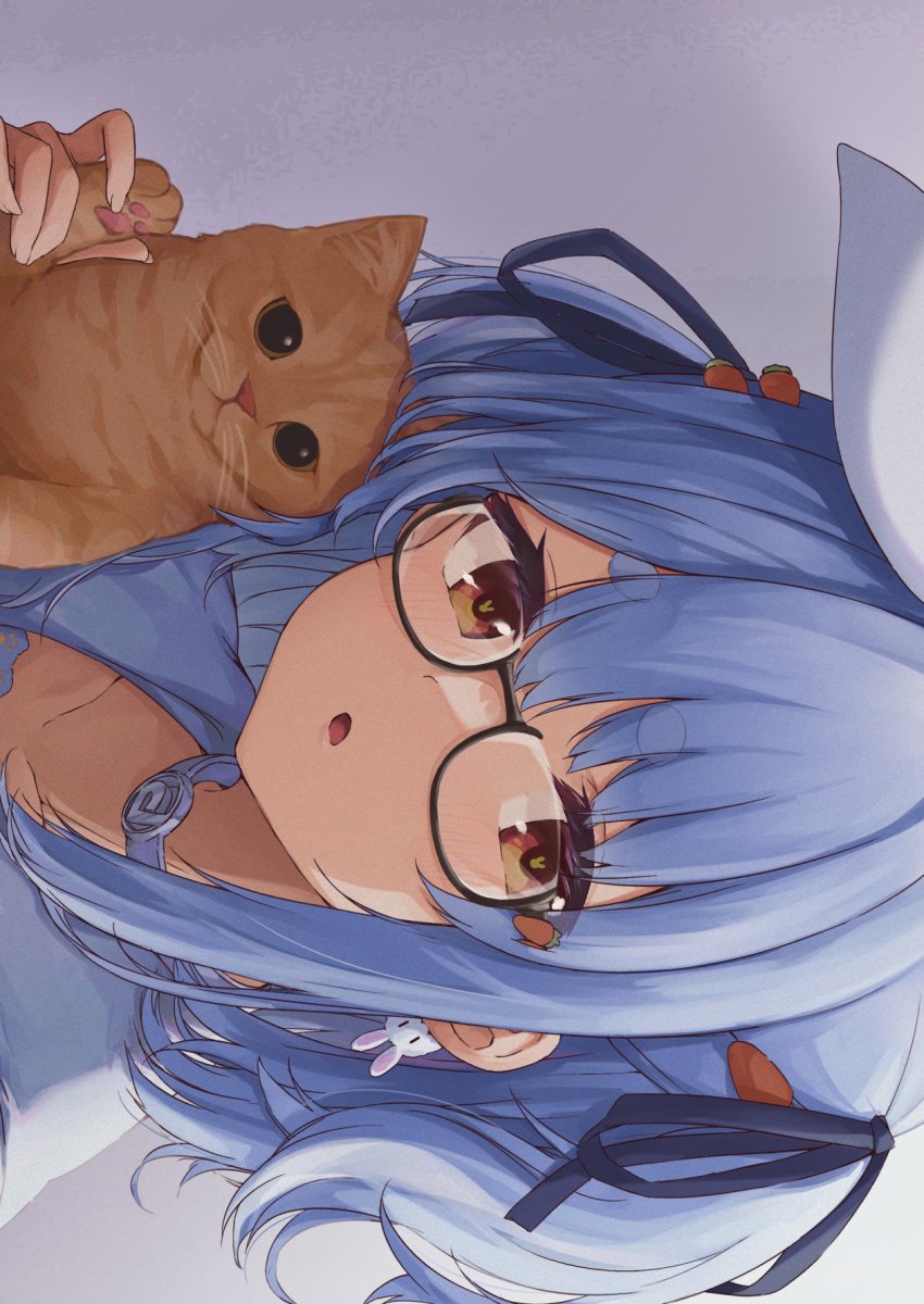 1girl blue_hair blue_ribbon carrot_hair_ornament cat choker earrings food-themed_hair_ornament glasses hair_ornament hair_ribbon highres holding_paw hololive jewelry looking_at_viewer medium_hair parted_lips rabbit-shaped_pupils red_eyes ribbon shiunnkaku short_eyebrows sidelocks sideways solo symbol-shaped_pupils thick_eyebrows two_side_up usada_pekora usada_pekora_(casual) virtual_youtuber white_choker