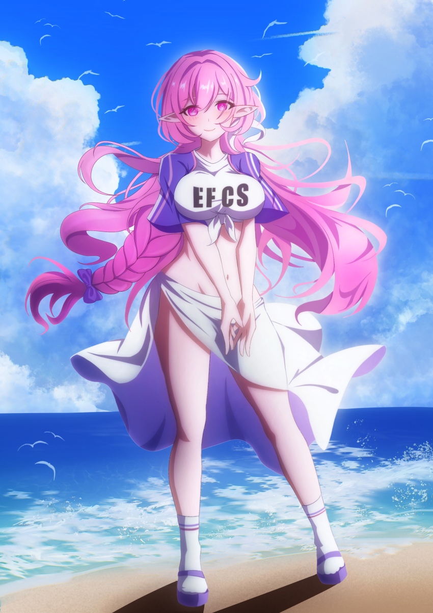 1girl absurdres bare_legs beach blue_sky braid clothes_writing cloud crop_top day elysia_(herrscher_of_human:_ego)_(honkai_impact) elysia_(honkai_impact) elysia_(summer_2024)_(honkai_impact) euzh266 flip-flops highres honkai_(series) honkai_impact_3rd long_hair midriff navel ocean pink_eyes pink_hair pointy_ears purple_footwear raglan_sleeves sandals sarong shirt sky socks solo stomach thighs very_long_hair water white_shirt white_socks