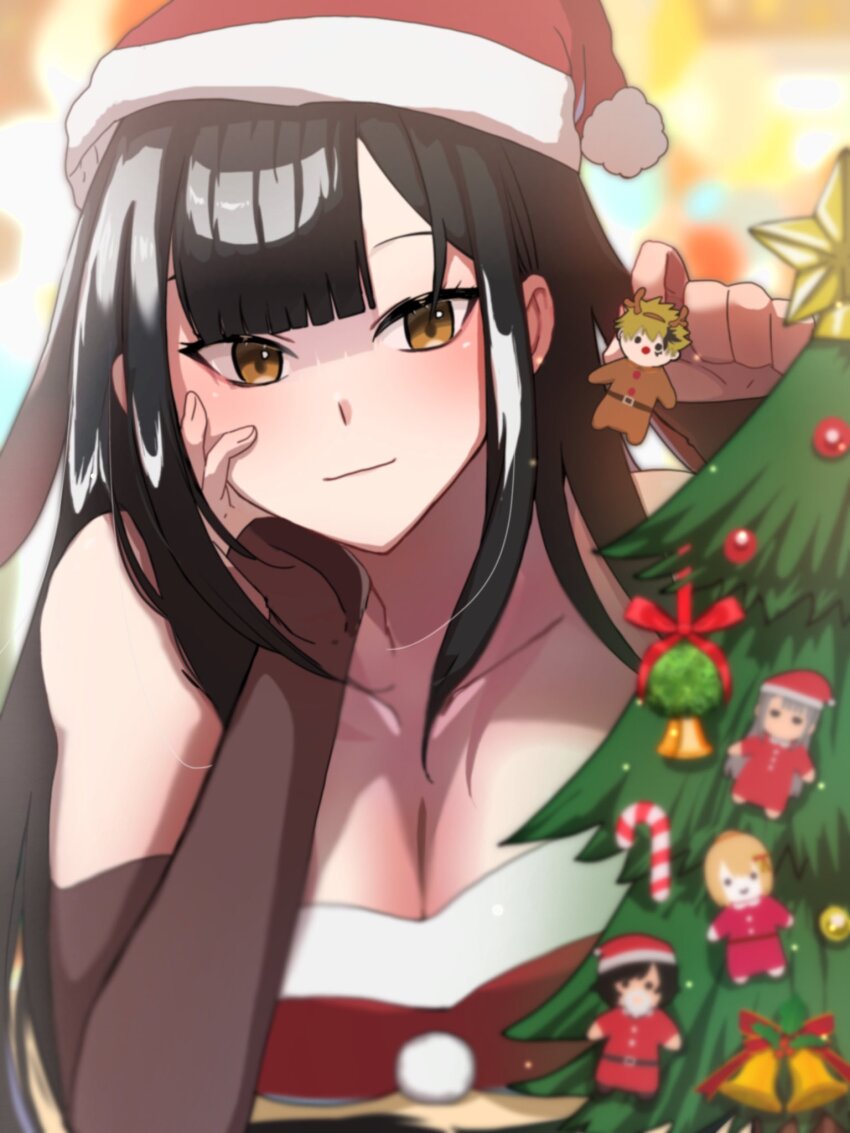 1girl black_hair blurry blurry_background breasts christmas_tree cleavage collarbone doll dress elbow_gloves gloves hat highres holding holding_doll large_breasts long_hair nue_(nue_no_onmyouji) nue_no_onmyouji off-shoulder_dress off_shoulder santa_hat smile solo upper_body yellow_eyes