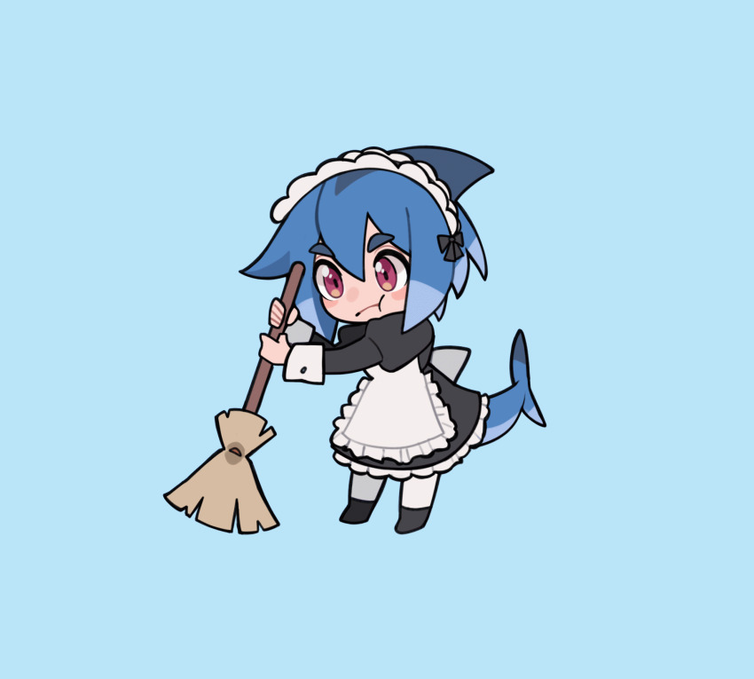 1girl alternate_costume animated animated_gif apron azuumori black_bow black_dress blue_background blush bow broom dress enmaided fins fish_tail frilled_apron frills full_body hair_bow highres holding holding_broom juliet_sleeves long_sleeves maid maid_apron maid_headdress mako_(azuumori) original puffy_sleeves red_eyes shark_fin shark_girl shark_tail simple_background solo standing tail white_apron