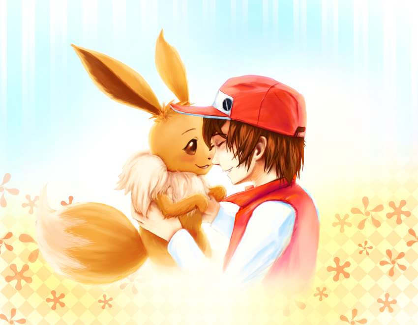 1boy baseball_cap brown_hair creatures_(company) dekus eevee game_freak gen_1_pokemon hat highres holding nintendo pokemon pokemon_(creature) red_(pokemon) simple_background smile