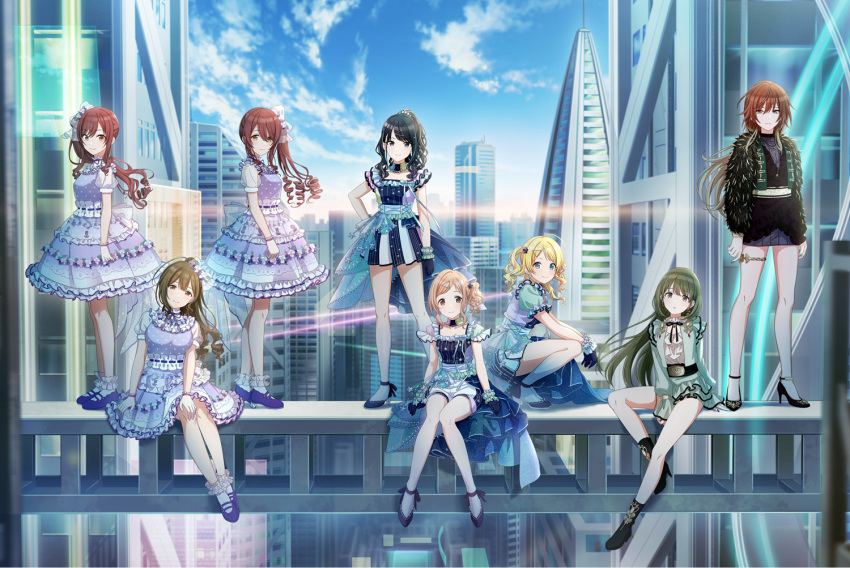 6+girls aketa_mikoto alstroemeria_(idolmaster) black_hair blonde_hair brown_hair building dress frilled_dress frills gradient_hair green_hair hachimiya_meguru hair_ornament hair_ribbon hairclip high_heels idolmaster idolmaster_shiny_colors illumination_stars_(idolmaster) kazano_hiori key_visual kuwayama_chiyuki long_hair looking_at_viewer mary_janes miniskirt multicolored_hair multiple_girls nanakusa_nichika official_art osaki_amana osaki_tenka promotional_art ribbon sakuragi_mano shoes side_ponytail sitting skirt skyscraper squatting standing twintails