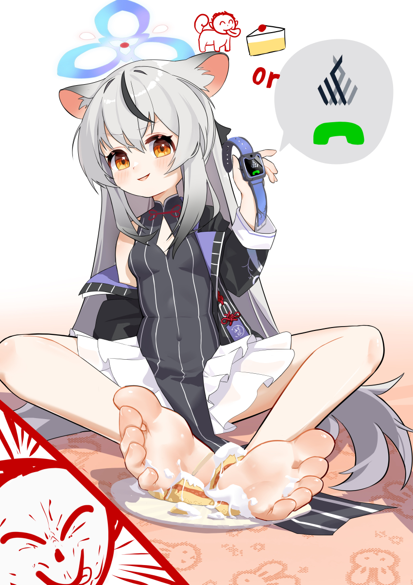 1girl absurdres animal_ears barefoot blue_archive blush cake cake_slice feet food grey_hair highres kokona_(blue_archive) long_hair looking_at_viewer marshal_(artist) parted_lips plate soles toes yellow_eyes