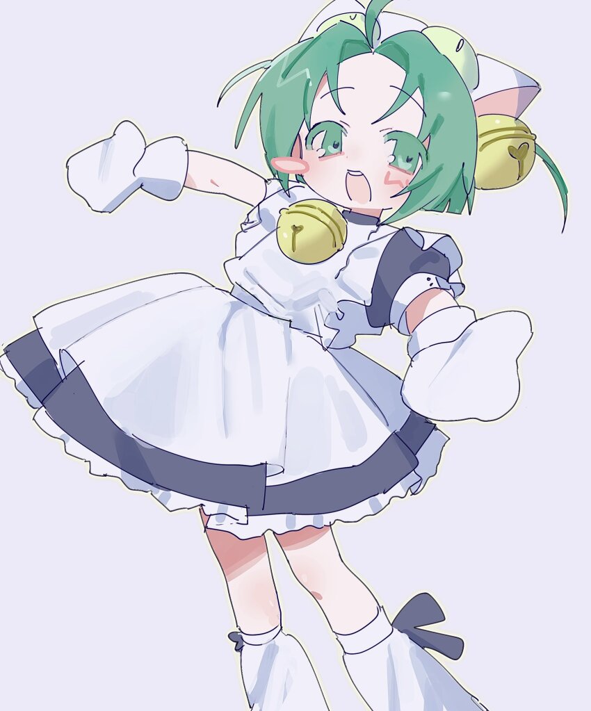 1girl animal_hands animal_hat apron bell blush_stickers cat_hat dejiko di_gi_charat dress frilled_dress frills gloves green_eyes green_hair hair_bell hair_ornament hat highres leg_warmers maid nial open_mouth outstretched_arms paw_gloves short_sleeves smile solo two_side_up