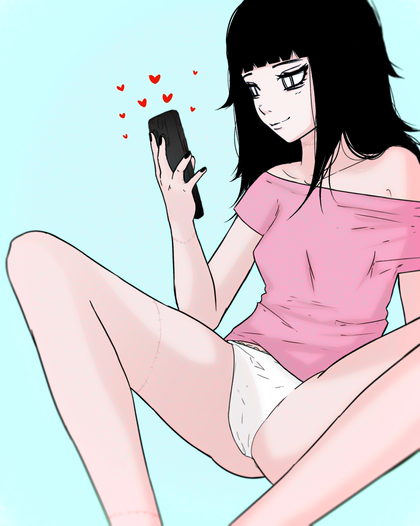 1girl black_hair hime_cut lena_miaou nail_polish panties phone spread_legs stitches thighs underwear unusual_pupils