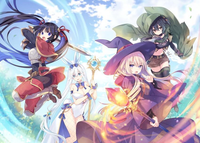 4girls absurdres animal_ears armor bell belt belt_buckle black_belt black_hair black_thighhighs blue_bow blue_bowtie blue_eyes blue_hair bow bowtie breastplate breasts brown_eyes brown_shorts buckle capelet cloak coat crop_top dagger detached_collar floating_hair fuyajou_ruri green_cloak green_eyes hair_bell hair_between_eyes hair_bow hair_ornament hair_ribbon hat highres holding holding_dagger holding_knife holding_staff holding_sword holding_weapon holster jumping karasuma_kuroe knife kuozaki_saika large_breasts leotard long_hair long_sleeves magic midriff multicolored_hair multiple_girls navel official_art open_mouth ou-sama_no_propose purple_coat purple_eyes purple_hat rabbit_ears rabbit_girl red_capelet red_ribbon ribbon short_shorts shorts silver_(ou-sama_no_propose) staff standing stomach strapless strapless_leotard sword thigh_holster thighhighs tsunako two-tone_hair v-shaped_eyebrows very_long_hair waist_cape weapon white_hair white_leotard witch_hat wrist_cuffs zettai_ryouiki