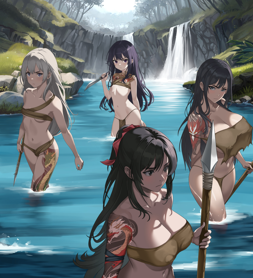 4girls absurdres arm_tattoo bandeau bikini black_hair breasts brown_eyes chest_tattoo cleavage flat_chest forest grey_eyes grey_hair highres holding holding_knife holding_polearm holding_weapon indy_k knife large_breasts leg_tattoo long_hair looking_at_viewer multiple_girls nature navel original outdoors pelvic_curtain polearm small_breasts standing swimsuit tattoo water waterfall weapon