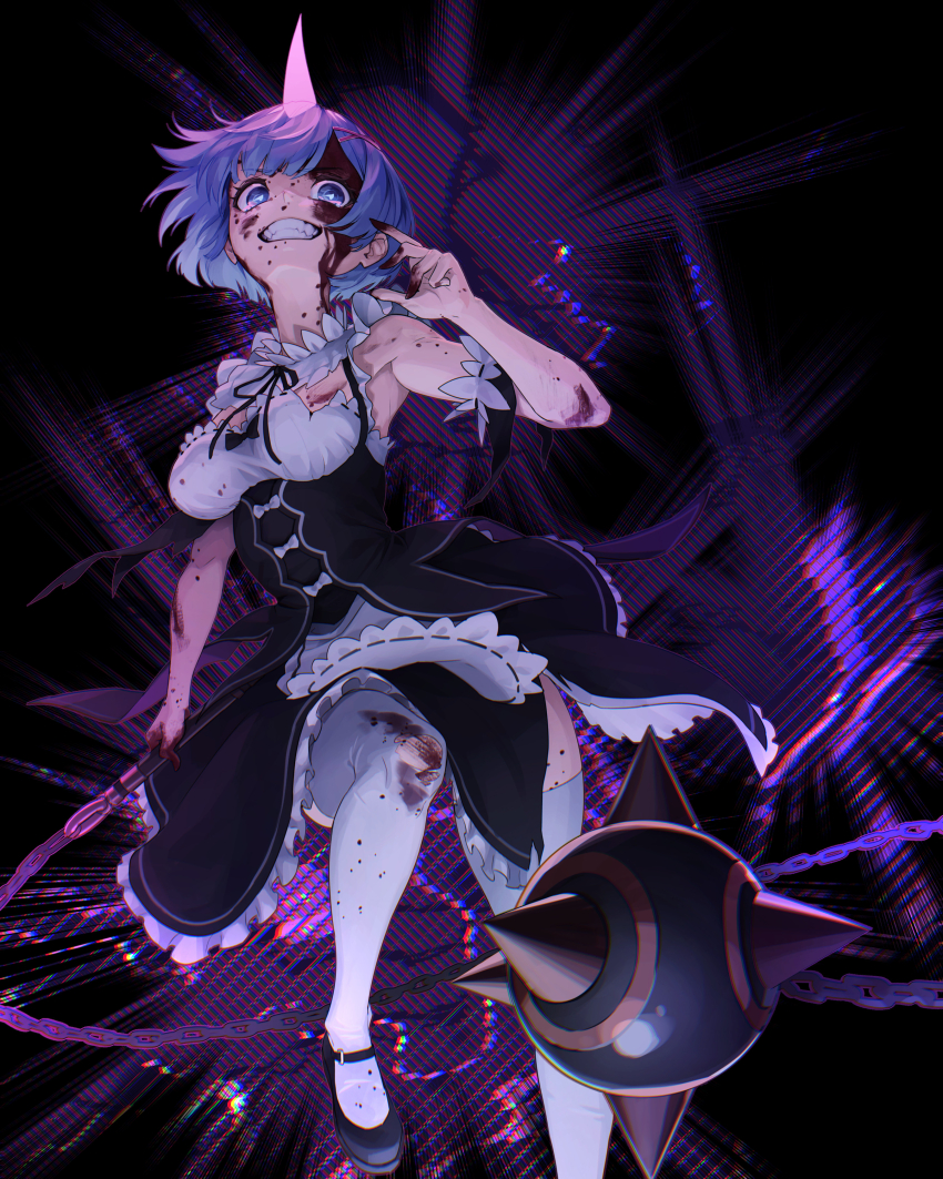 1girl absurdres ball_and_chain_(weapon) black_background black_footwear blood blood_on_clothes blood_on_face blue_eyes blue_hair breasts clenched_teeth commentary commission detached_sleeves dress english_commentary full_body glowing_horns haedgie hair_ornament hair_ribbon hand_up highres holding holding_weapon horns injury looking_at_viewer maid mary_janes medium_breasts pink_horns pink_ribbon purple_background re:zero_kara_hajimeru_isekai_seikatsu rem_(re:zero) ribbon ribbon-trimmed_clothes ribbon_trim roswaal_mansion_maid_uniform sharp_teeth shoes short_hair single_horn solo spiked_ball_and_chain teeth thighhighs thighs torn_clothes weapon white_thighhighs x_hair_ornament