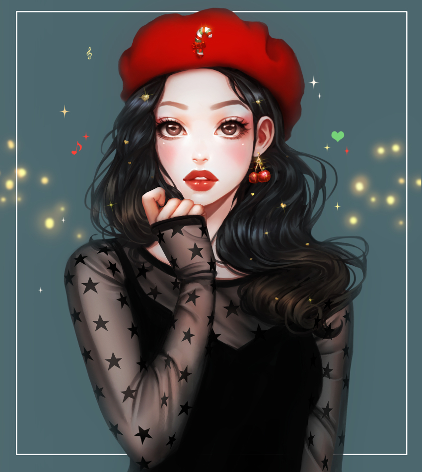 1girl arm_at_side arm_up beret black_hair bow brown_eyes candy candy_cane commentary_request earrings eyelashes female_focus food hat highres jewelry lips long_hair long_sleeves musical_note original parted_lips portrait red_bow red_hat red_lips rena_illusion sleeves_past_wrists solo sparkle star_(symbol) star_print treble_clef