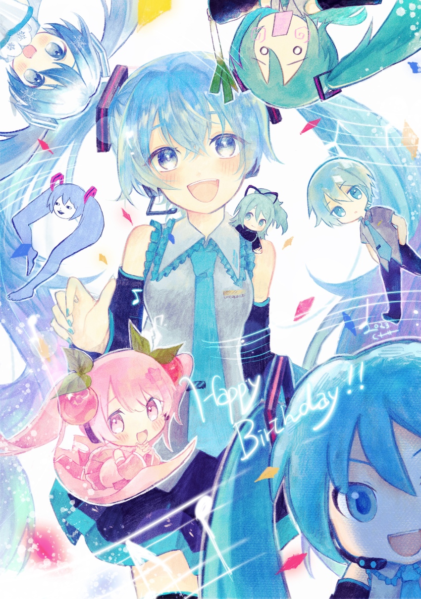 1boy 6+girls absurdres aqua_eyes aqua_hair aqua_necktie aqua_trim bare_shoulders black_ribbon black_skirt black_sleeves cherry_hair_ornament chibi chibi_inset commentary_request confetti detached_sleeves food food-themed_hair_ornament genderswap genderswap_(ftm) grey_shirt hachune_miku hair_ornament hair_ribbon hand_in_pocket happy_birthday hatsune_miku hatsune_miku_(if) hatsune_mikuo headphones highres holding holding_food holding_spring_onion holding_vegetable kurebe long_hair looking_at_viewer mikudayo multiple_girls multiple_persona musical_note necktie open_mouth pink_eyes pink_hair pink_necktie pink_shirt pink_skirt ponytail ribbon sakura_miku shirt shiteyan&#039;yo skirt smile snowflake_hair_ornament solo_focus sparkle spring_onion teeth twintails vegetable very_long_hair vocaloid white_background yuki_miku yuki_miku_(2011)