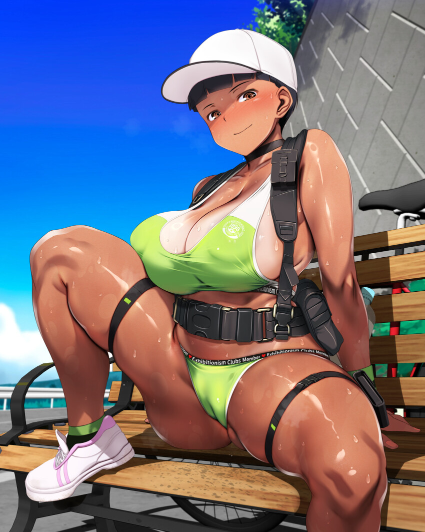 1girl amagasa_higasa baseball_cap bench black_hair blue_sky blunt_bangs blush breasts brown_eyes cameltoe chest_harness cleavage cleft_of_venus closed_mouth commentary commentary_request covered_erect_nipples dark-skinned_female dark_skin english_commentary foot_up green_panties harness hat highres huge_breasts looking_at_viewer mixed-language_commentary original outdoors paid_reward_available panties park_bench shiny_skin shoes short_hair sideways_glance sitting sky smile sneakers solo sports_bra sweat tan tanline thick_thighs thigh_strap thighs tomboy_(amagasa_higasa) underwear variant_set very_short_hair very_sweaty white_footwear white_hat