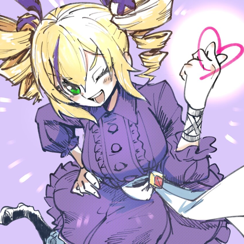 1girl black_footwear blonde_hair blush boots cowboy_shot digimon digimon_card_game digimon_liberator dress drill_hair green_eyes heart highres one_eye_closed purple_dress shining_neko smile solo teeth tongue twin_drills violet_inboots