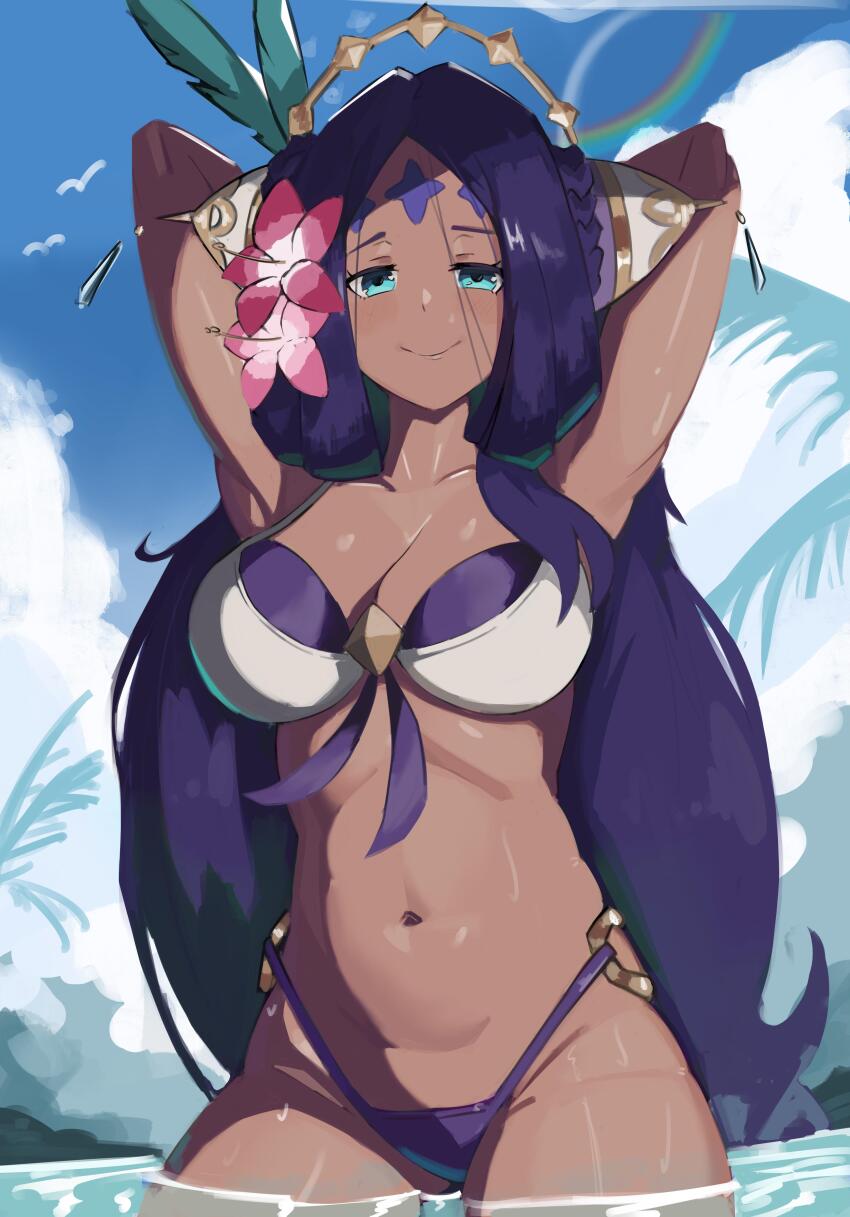 1girl absurdres artist_request bikini dark-skinned_female dark_skin dragalia_lost facial_mark forehead_mark green_eyes highres swimsuit verica