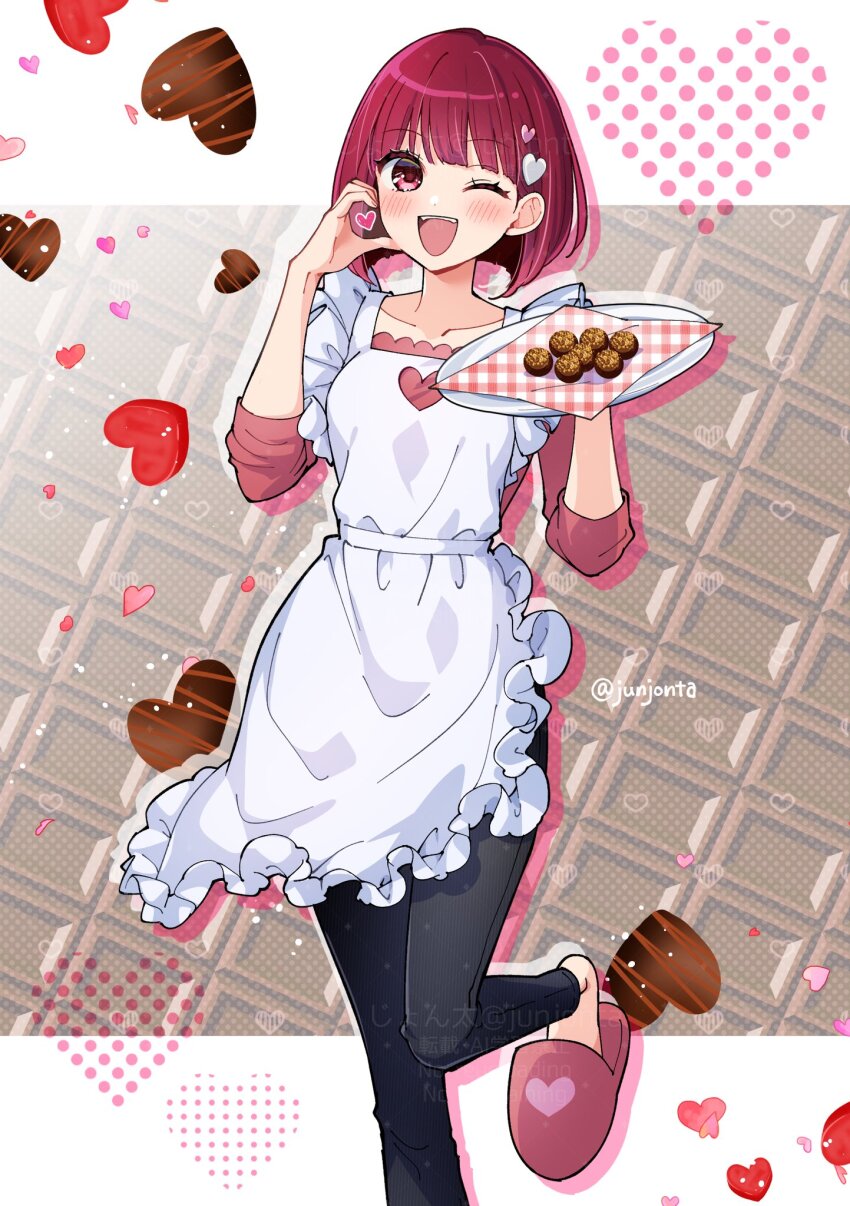 1girl arima_kana black_pants blush bob_cut candy chocolate chocolate_heart food heart heart-shaped_food highres holding holding_chocolate holding_food inverted_bob junjonta looking_at_viewer medium_hair one_eye_closed open_mouth oshi_no_ko overalls pants pink_shirt pink_shoes plate red_eyes red_hair sandals shirt shoes short_hair simple_background smile solo white_background white_overalls