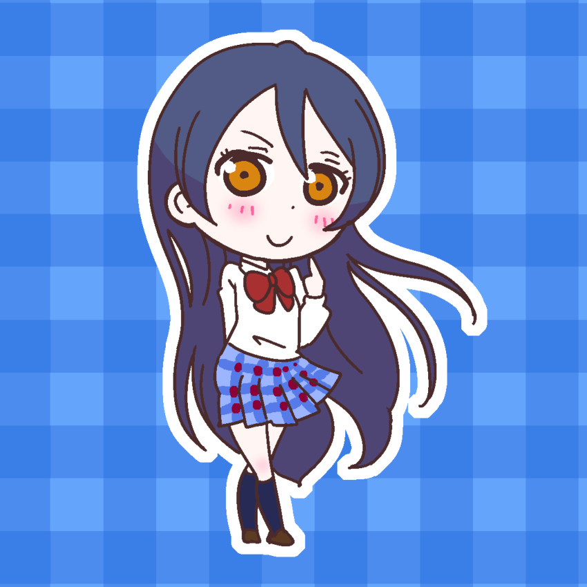 &gt;:) 10s 1girl blazer blue_background blue_socks bow bowtie brown_footwear chibi crossed_legs female_focus finger_to_own_chin jacket karaagetarou kneehighs long_hair love_live! love_live!_school_idol_project orange_eyes outline plaid_background plaid_clothes plaid_skirt pleated_skirt red_bow shoes skirt socks solo sonoda_umi v-shaped_eyebrows very_long_hair white_outline