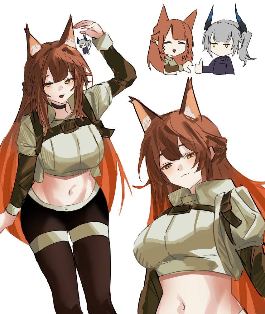 2girls absurdres animal_ears arknights arm_up black_choker blush brown_hair brown_sleeves chibi choker closed_mouth crop_top cropped_shirt fox_ears fox_girl franka_(arknights) franka_(rainforest_me_rainbow)_(arknights) grey_shirt heart_hands_failure high_collar highres leggings liskarm_(arknights) long_hair long_sleeves looking_at_viewer midriff multiple_girls multiple_views navel official_alternate_costume open_mouth shirt simple_background sketch smile thumbs_up white_background yazu_(zoddiacz) yellow_eyes