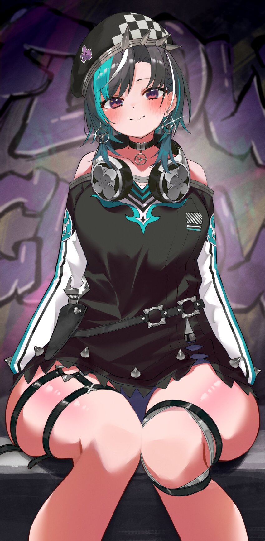 1girl absurdres aqua_streaks asymmetrical_bangs belt beret black_choker black_hair blush breasts choker collarbone denim denim_shorts dress earrings floating_earring gradient_hair graffiti hat headphones headphones_around_neck highres hololive hololive_dev_is jewelry knee_strap long_sleeves looking_at_viewer medium_hair multicolored_hair nema_029 o-ring o-ring_belt o-ring_thigh_strap off_shoulder rindo_chihaya shorts sitting solo spiked_dress spiked_hat strapless strapless_dress streaked_hair thick_thighs thigh_strap thighs virtual_youtuber wariza white_streaks wrench