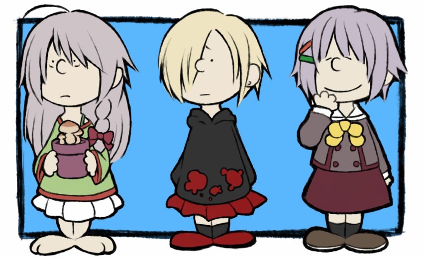 3girls ayame_hashinimasen bow bowtie braid charles_schulz_(style) earrings hair_bow hair_over_one_eye hood hoodie hoshi_syoko idolmaster idolmaster_cinderella_girls idolmaster_cinderella_girls_starlight_stage jewelry kawaii_boku_to_142&#039;s_(idolmaster) koshimizu_sachiko multiple_girls mushroom parody peanuts_(comic) plant potted_plant purple_hair red_bow shirasaka_koume simple_background single_braid stud_earrings style_parody toon_(style) yellow_neckwear