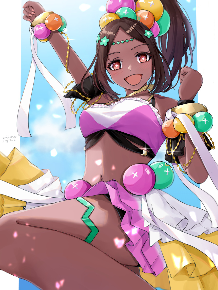 1girl bare_shoulders bracelet breasts brown_hair crop_top dark-skinned_female dark_skin eyeshadow fire_emblem fire_emblem_engage highres jewelry long_hair looking_at_viewer makeup medium_breasts midriff mugitoro_(dsfv2277) nintendo open_mouth pearl_belt pearl_bracelet pearl_hair_ornament pink_eyeshadow ponytail skirt smile solo star-shaped_pupils star_(symbol) symbol-shaped_pupils timerra_(fire_emblem) very_dark_skin