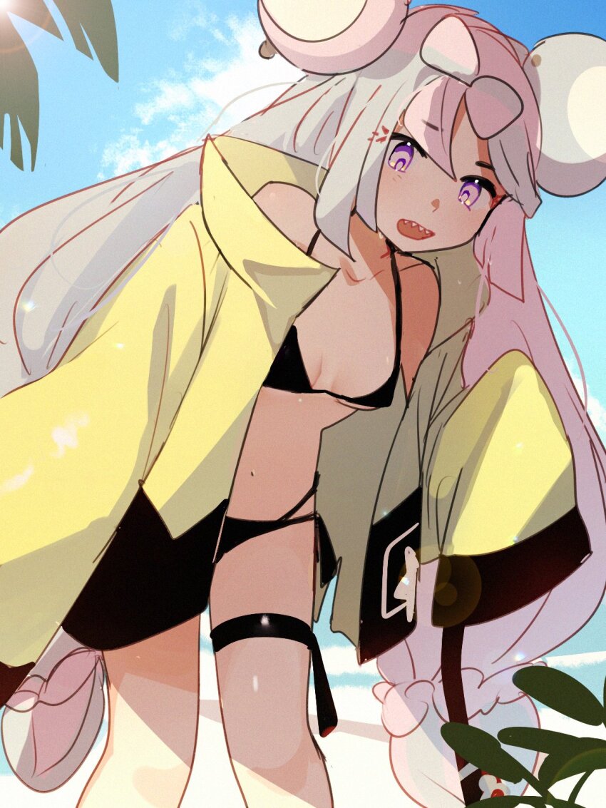 1girl bikini black_bikini blush bow-shaped_hair breasts character_hair_ornament cloud commentary_request creatures_(company) day game_freak hair_ornament highres iono_(pokemon) jacket leaning long_hair long_sleeves looking_down multicolored_hair nintendo open_clothes open_jacket open_mouth outdoors pokemon pokemon_sv purple_eyes sharp_teeth sky sleeves_past_fingers sleeves_past_wrists small_breasts solo standing suikaels swimsuit teeth thigh_strap twintails two-tone_hair upper_teeth_only